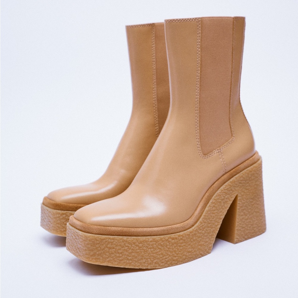 ZARA Tan Leather Chunky Sole Crepe Heeled Platform Chelsea Boots 7.5 (EU 38)